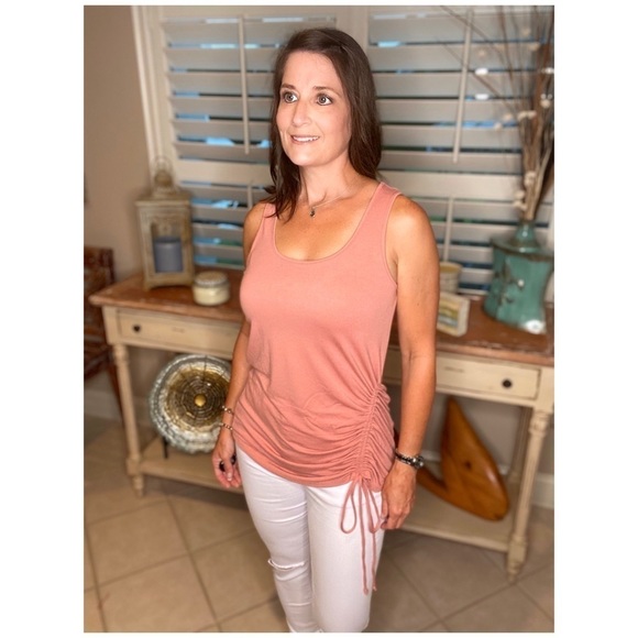 Ruched Side Tie Scoop Neck Tank Pink Summer Beach 1820 - Picture 2 of 6